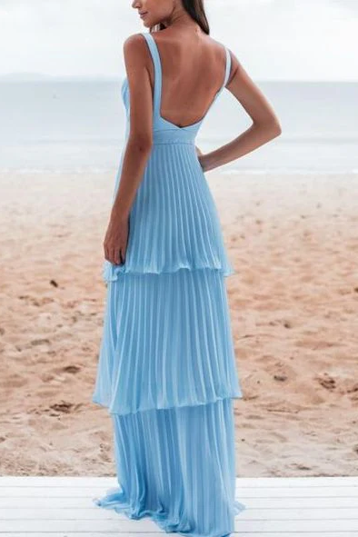 Blue Straps A-Line V-Neck Pleated Tiered Sleeveless Long Formal Prom Dress