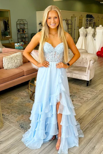 A-Line Strapless V-Neck Empire-Waist Ruffles Chiffon Long Prom Dress