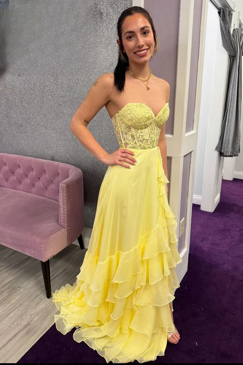 A-Line Strapless V-Neck Empire-Waist Ruffles Chiffon Long Prom Dress
