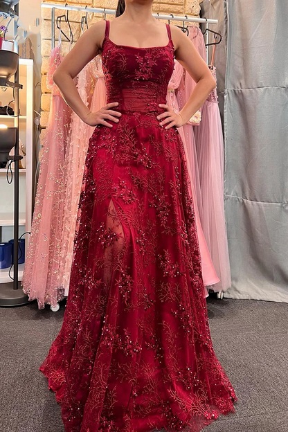 Burgundy A-Line Empire-Waist Appliques Beads Prom Dress with Slit