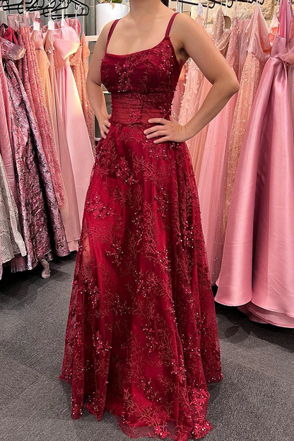 Burgundy A-Line Empire-Waist Appliques Beads Prom Dress with Slit