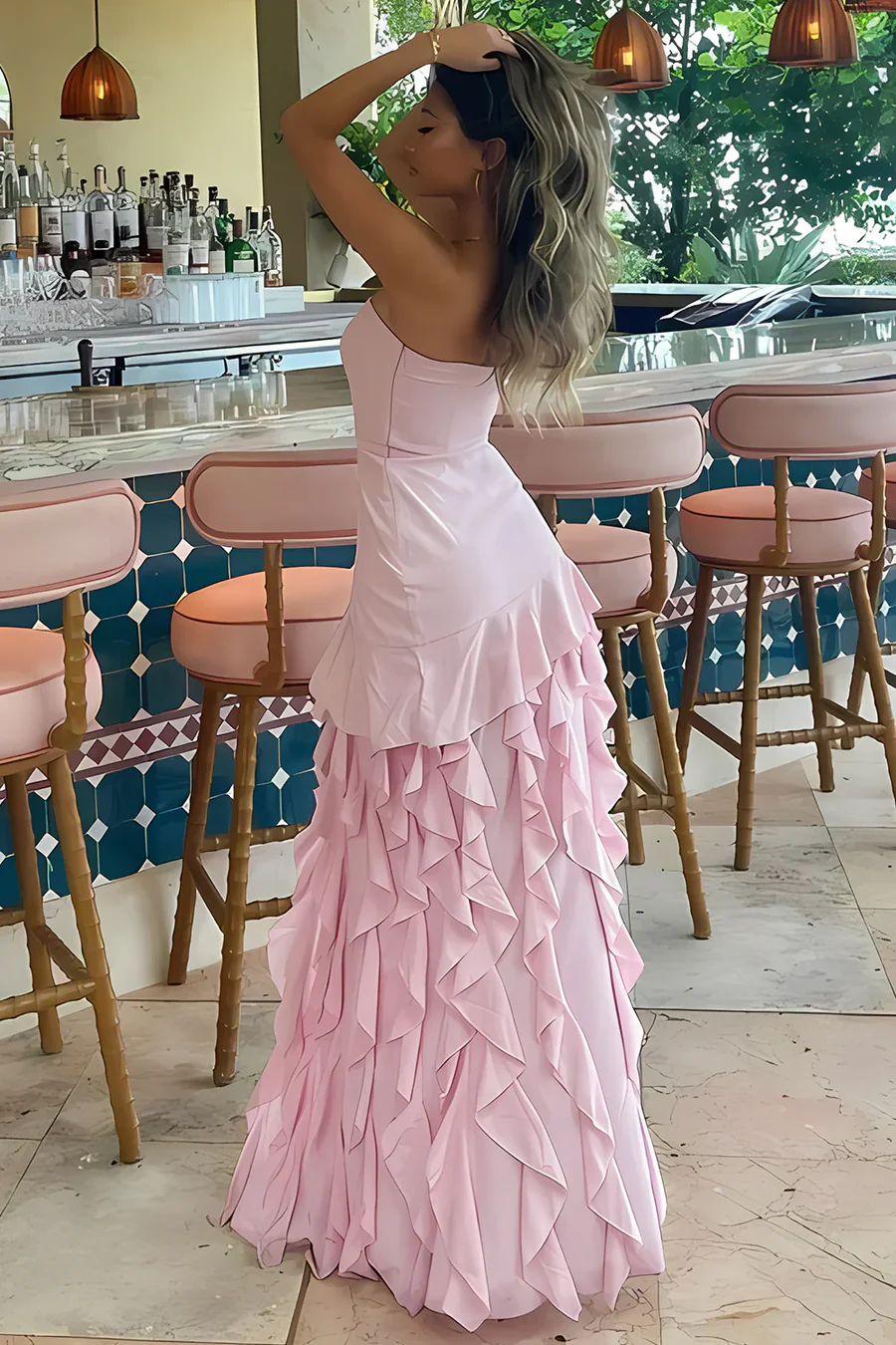Black Strapless Sleeveless Ruffles High Slit Formal Prom Party Dress