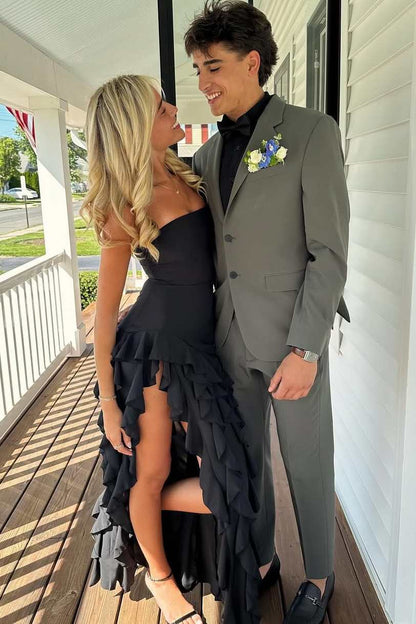 Black Strapless Sleeveless Ruffles High Slit Formal Prom Party Dress