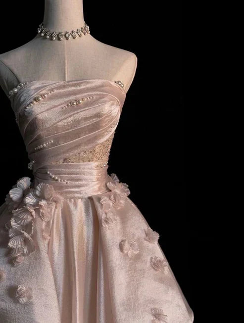 Pearl Pink Strapless A-Line Tulle Long Party Gown with Pearls HZ0319
