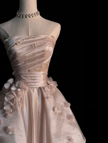Pearl Pink Strapless A-Line Tulle Long Party Gown with Pearls HZ0319