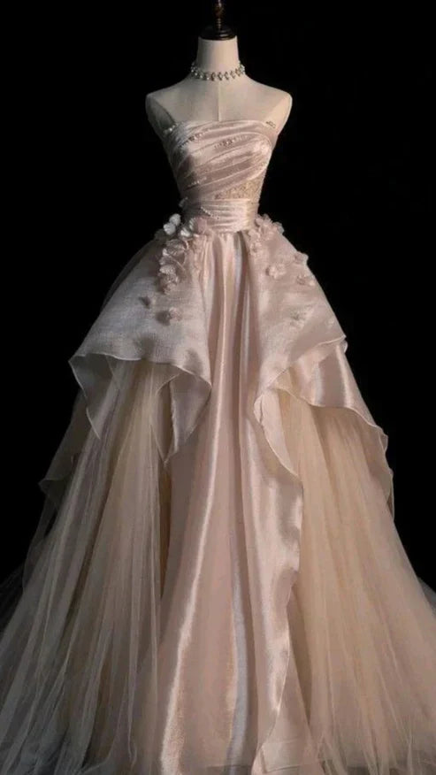 Pearl Pink Strapless A-Line Tulle Long Party Gown with Pearls HZ0319