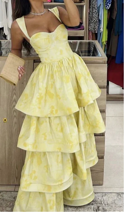 Pastel Yellow Ruffle Tiered A-Line Long Party Prom Dress HZ0319