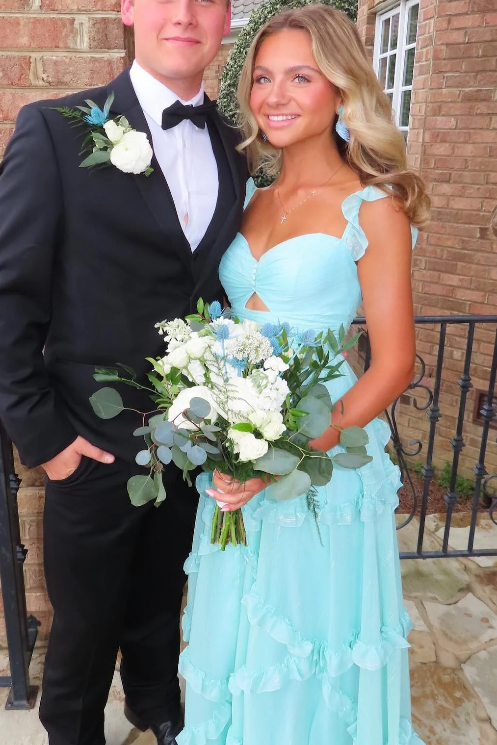Blue A-Line Straps Ruffles Sweetheart Empire-Waist Long Prom Dress