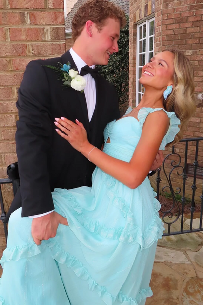 Blue A-Line Straps Ruffles Sweetheart Empire-Waist Long Prom Dress