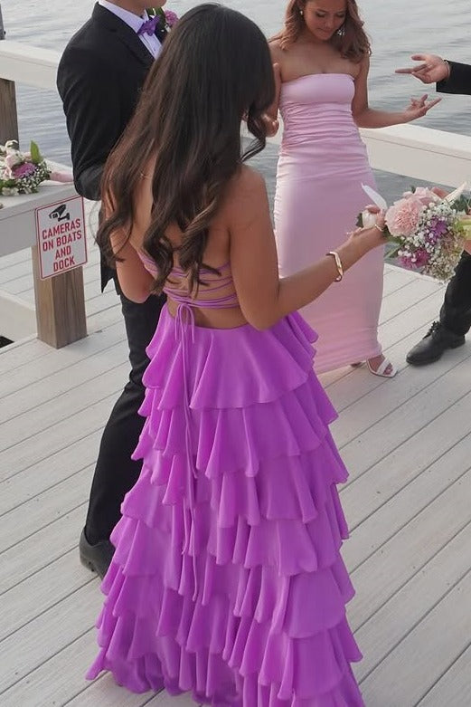 A-Line Strapless Scoop Ruffles Sleeveless Long Prom Formal Dress
