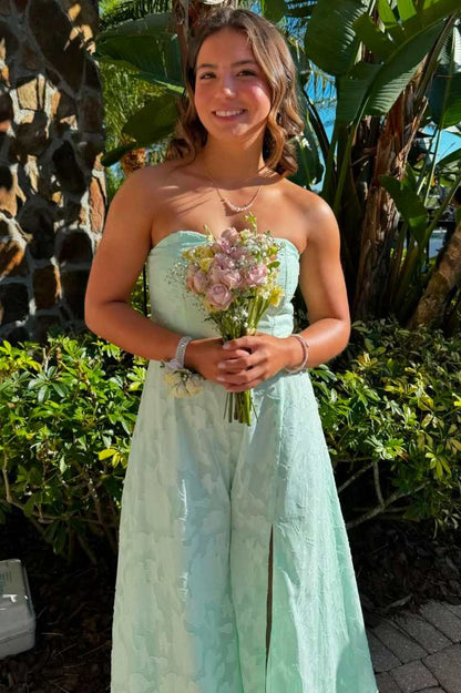 A-Line Strapless High Slit Sleeveless Lace Appliques Prom Dress
