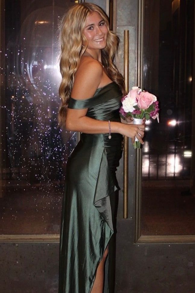 Pink Off-Shoulder Satin Pleats High Slit Long Party Prom Dress