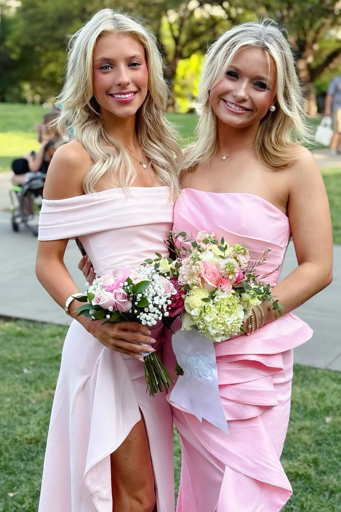 Pink Off-Shoulder Satin Pleats High Slit Long Party Prom Dress