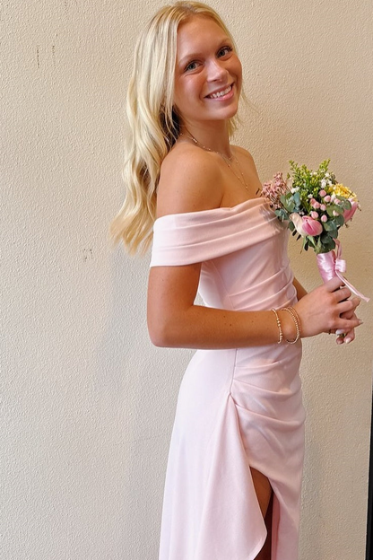 Pink Off-Shoulder Satin Pleats High Slit Long Party Prom Dress