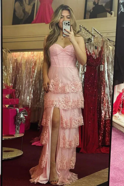 Aimishang Pink Spaghetti Straps Tiered Long Prom Dress with Slit Charming Evening Dress Wholesale