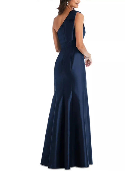 Tight fit/straight leg one shoulder sleeveless satin bow mother of the bride dress