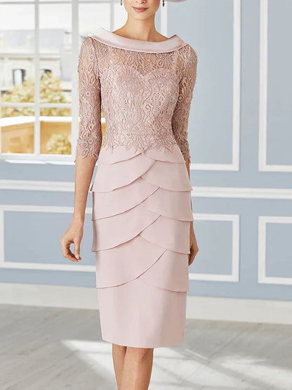 Sheath/cylindrical low round neck 3/4 sleeve knee length lace mother of the bride dresses