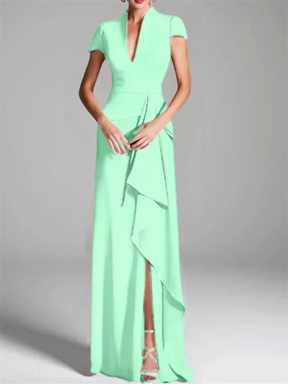 Tight fit/column V-neck to ground length mother of the bride dress