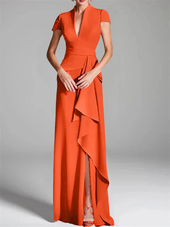 Tight fit/column V-neck to ground length mother of the bride dress