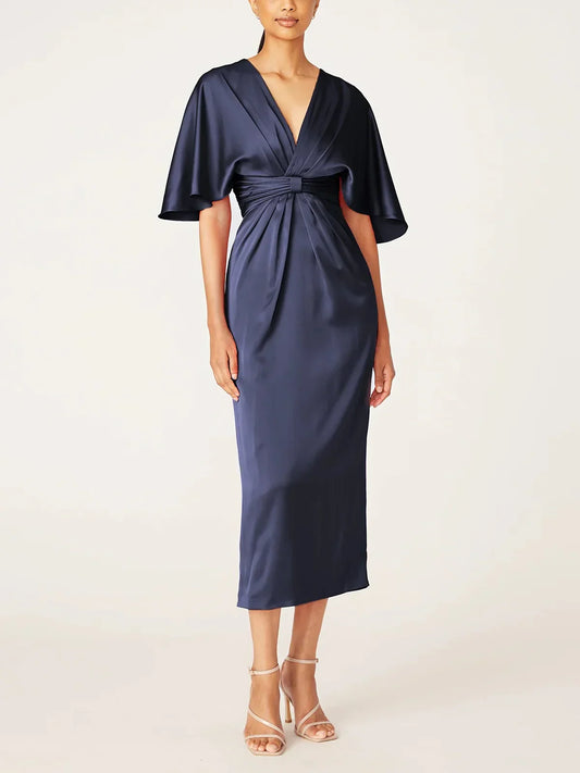 Slim fit/column V-neck half sleeved tea long ruffled edge mother of the bride dresses