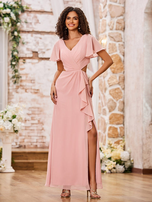 V-neck Cap Sleeves Open Back Maxi Dresses with Slit Dusty Rose