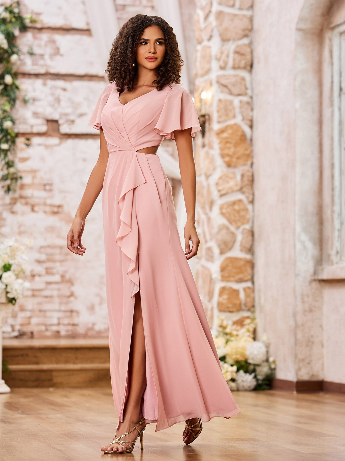 V-neck Cap Sleeves Open Back Maxi Dresses with Slit Dusty Rose