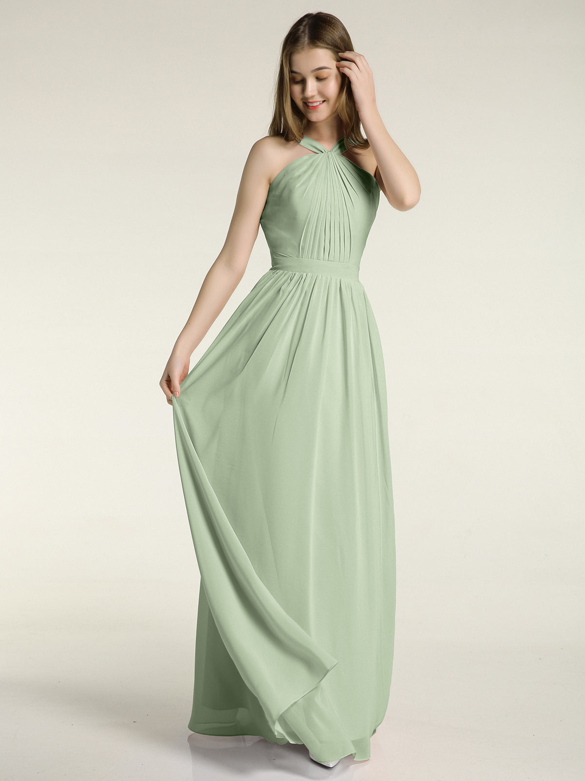 Y-neck Long Chiffon Bridesmaid Dresses-Dusty Sage