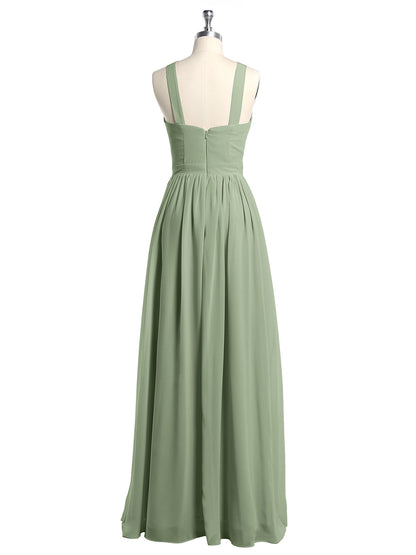 Y-neck Long Chiffon Bridesmaid Dresses-Dusty Sage