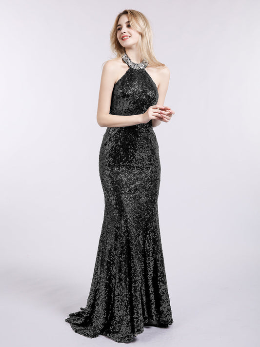 Halter Lower Back Sequins Mermaid Gown-Black