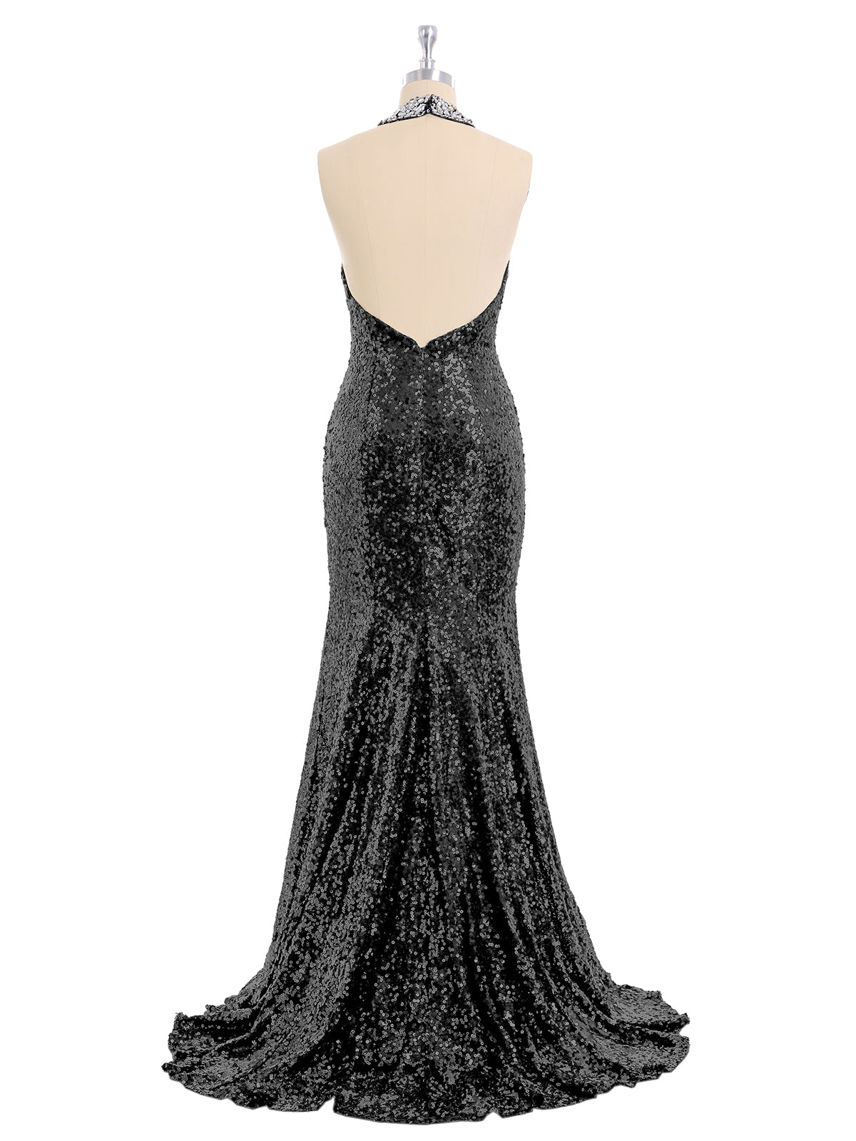 Halter Lower Back Sequins Mermaid Gown-Black
