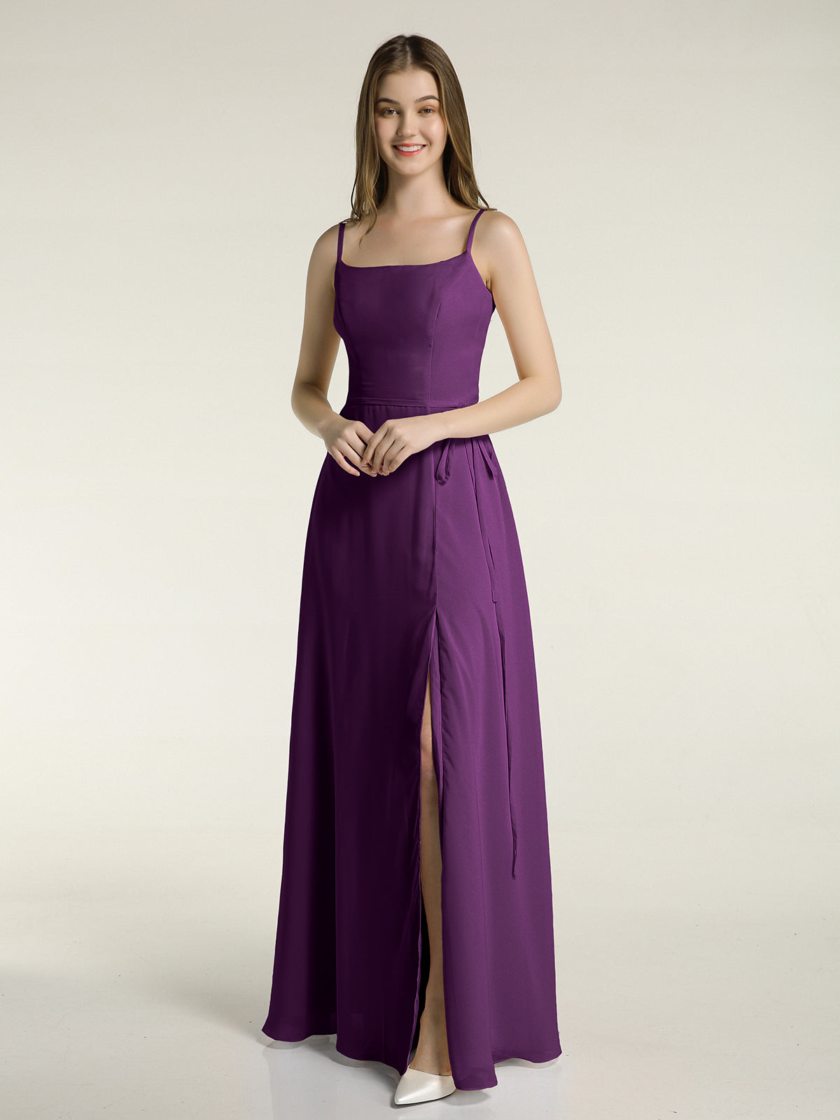 Simple Spaghetti Strap Chiffon Gowns with Slit-Grape