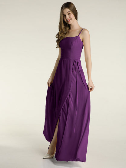 Simple Spaghetti Strap Chiffon Gowns with Slit-Grape