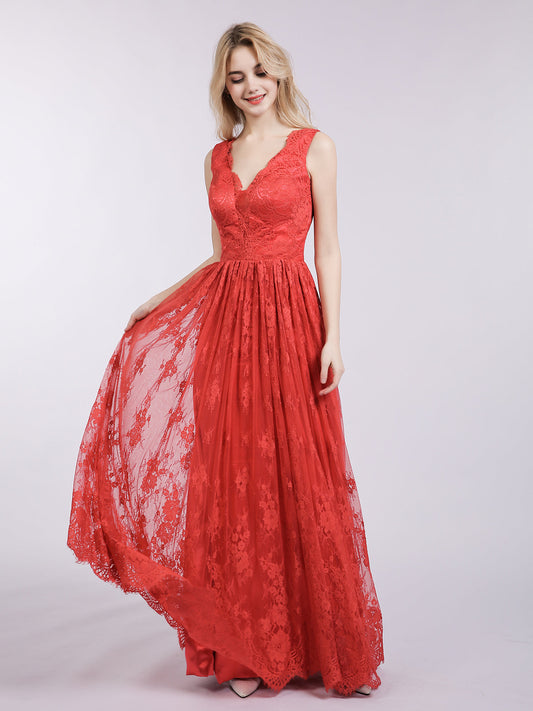 Long Full Length Gown with V Neckline-Red