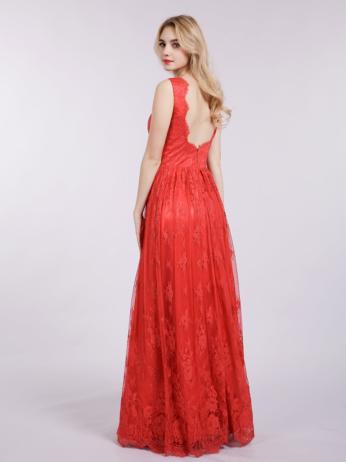Long Full Length Gown with V Neckline-Red