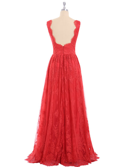 Long Full Length Gown with V Neckline-Red