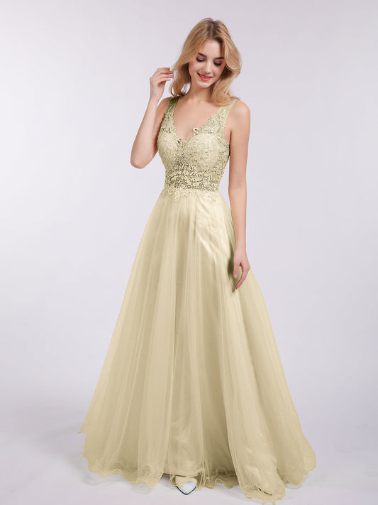 Long Tulle See Through Bodice Dress-Champagne
