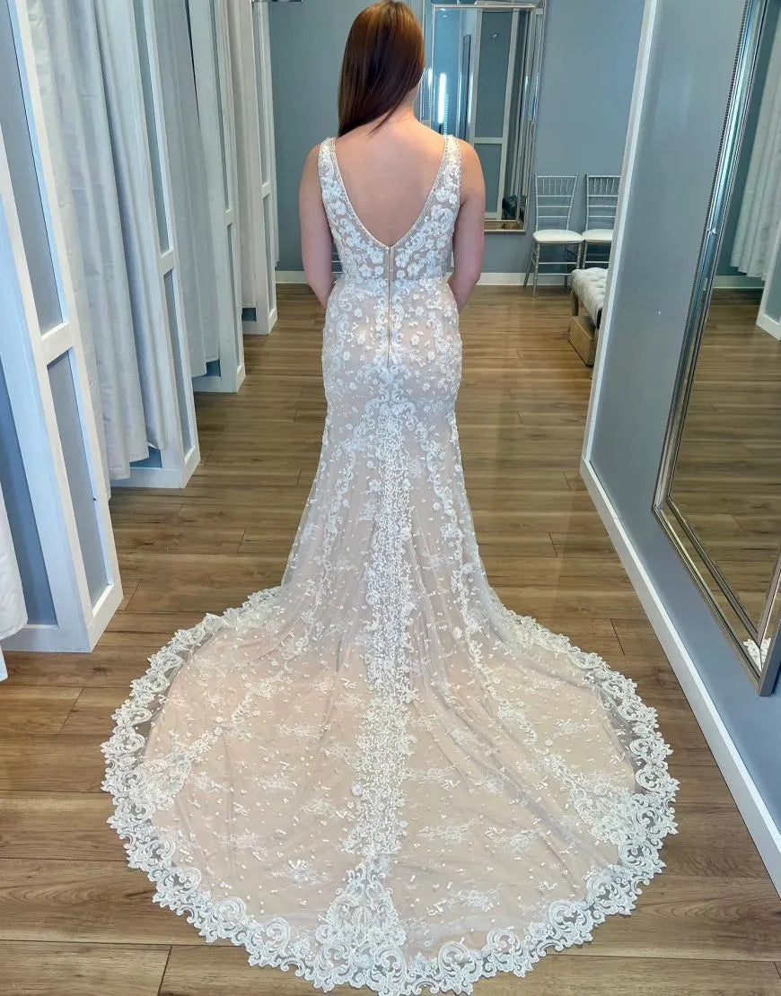 Aimishang Wedding Dress Mermaid V-Neck Court Train Zipper Back Lace With Appliques
