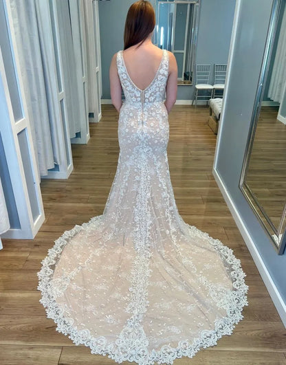 Aimishang Wedding Dress Mermaid V-Neck Court Train Zipper Back Lace With Appliques