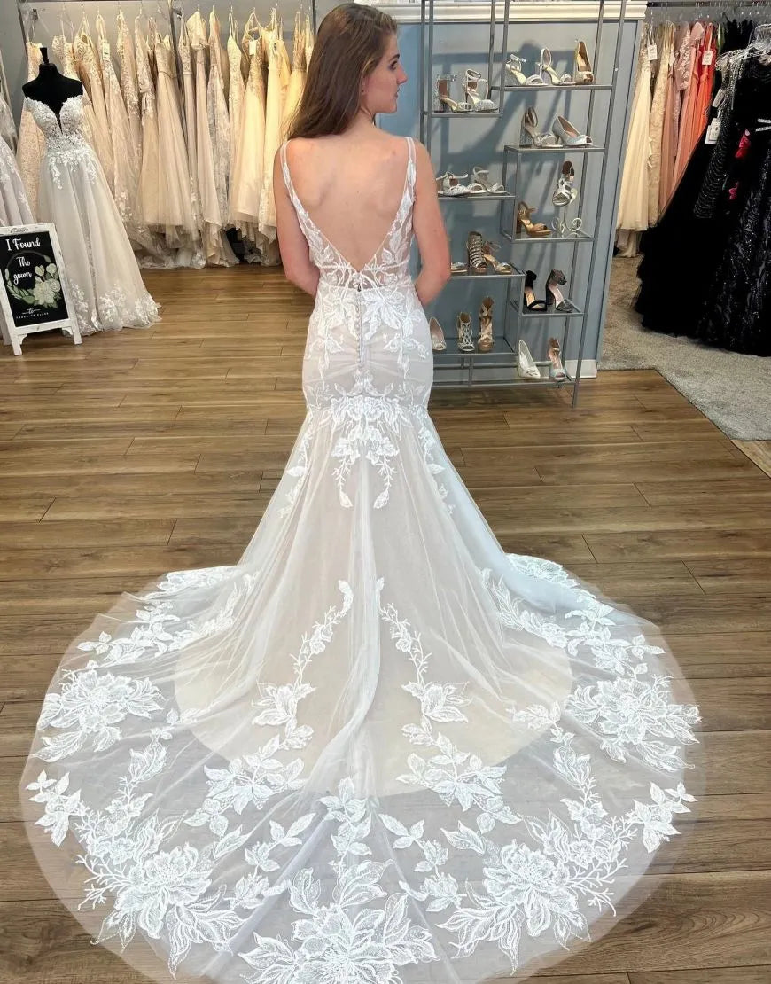 Aimishang Wedding Dress Mermaid V-Neck Zipper With Buttons Back With Appliques