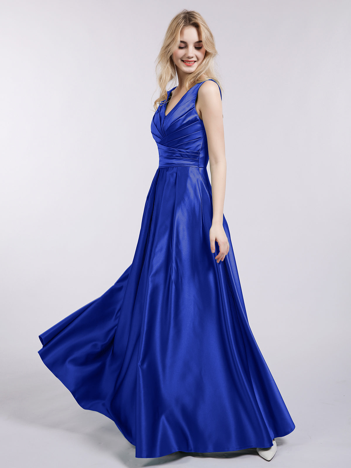 Open Back Long Satin Gown with V-neck-Royal Blue