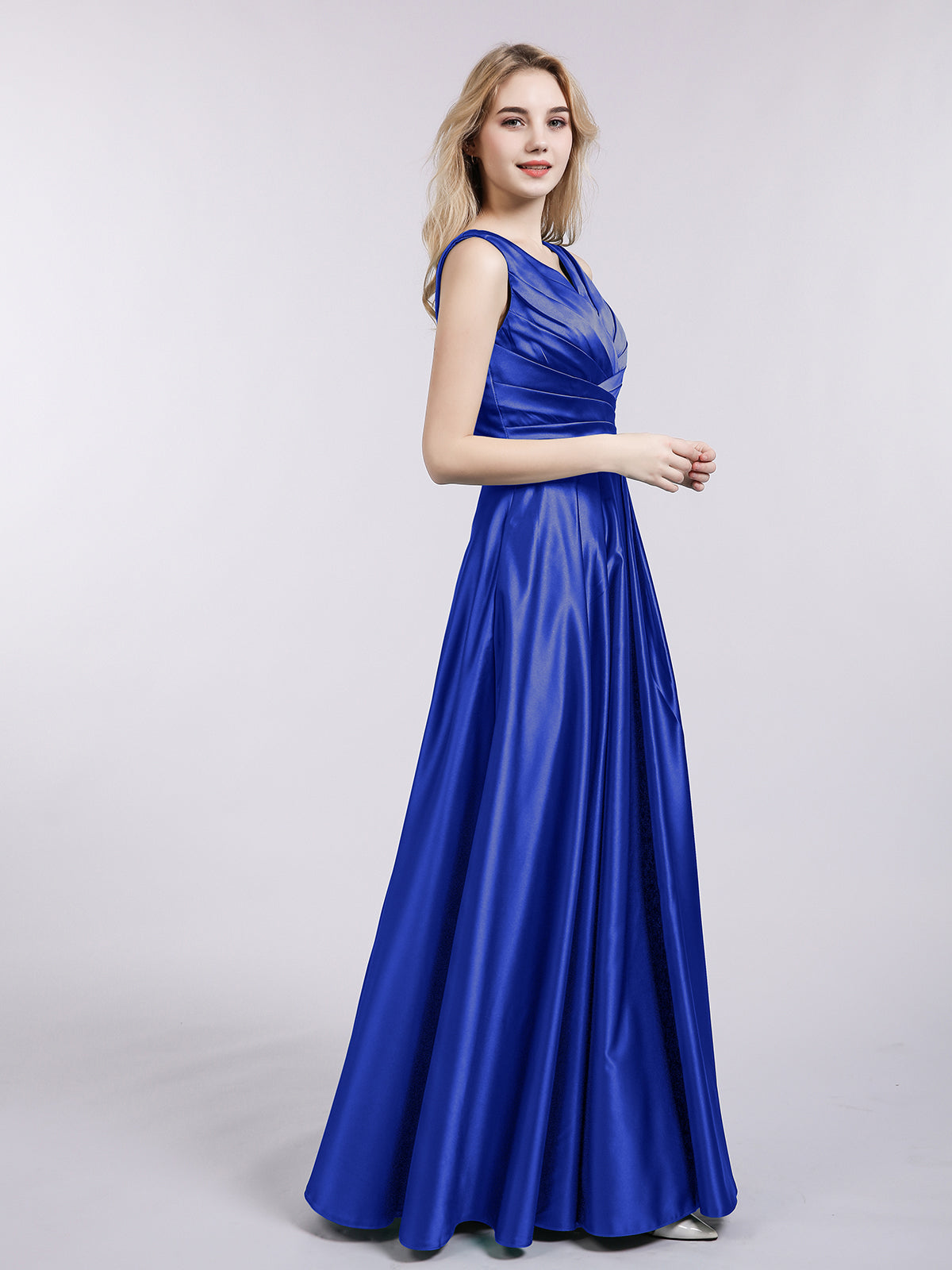Open Back Long Satin Gown with V-neck-Royal Blue