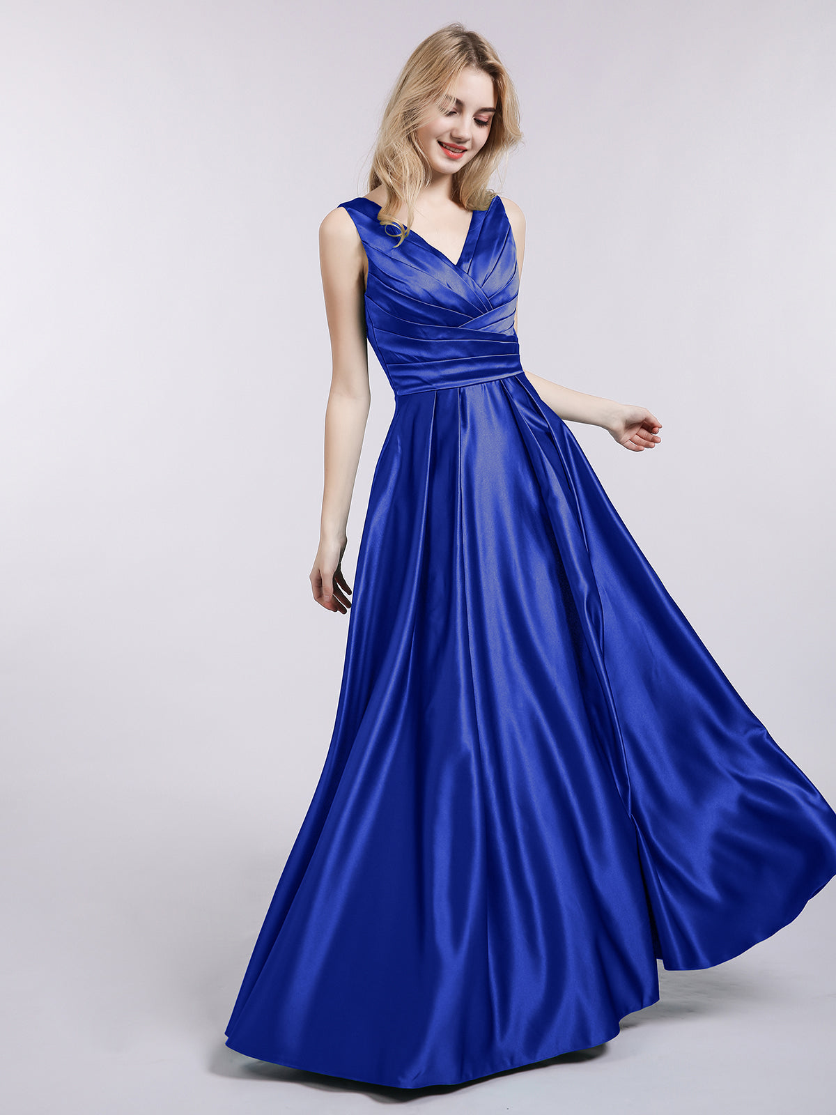 Open Back Long Satin Gown with V-neck-Royal Blue