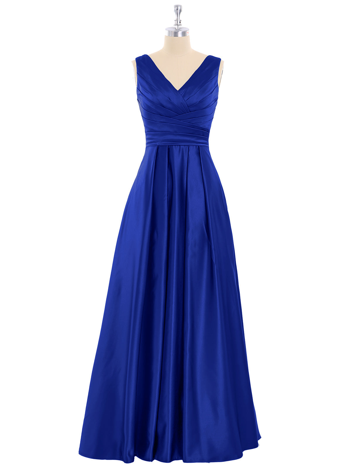Open Back Long Satin Gown with V-neck-Royal Blue