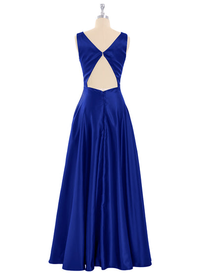 Open Back Long Satin Gown with V-neck-Royal Blue
