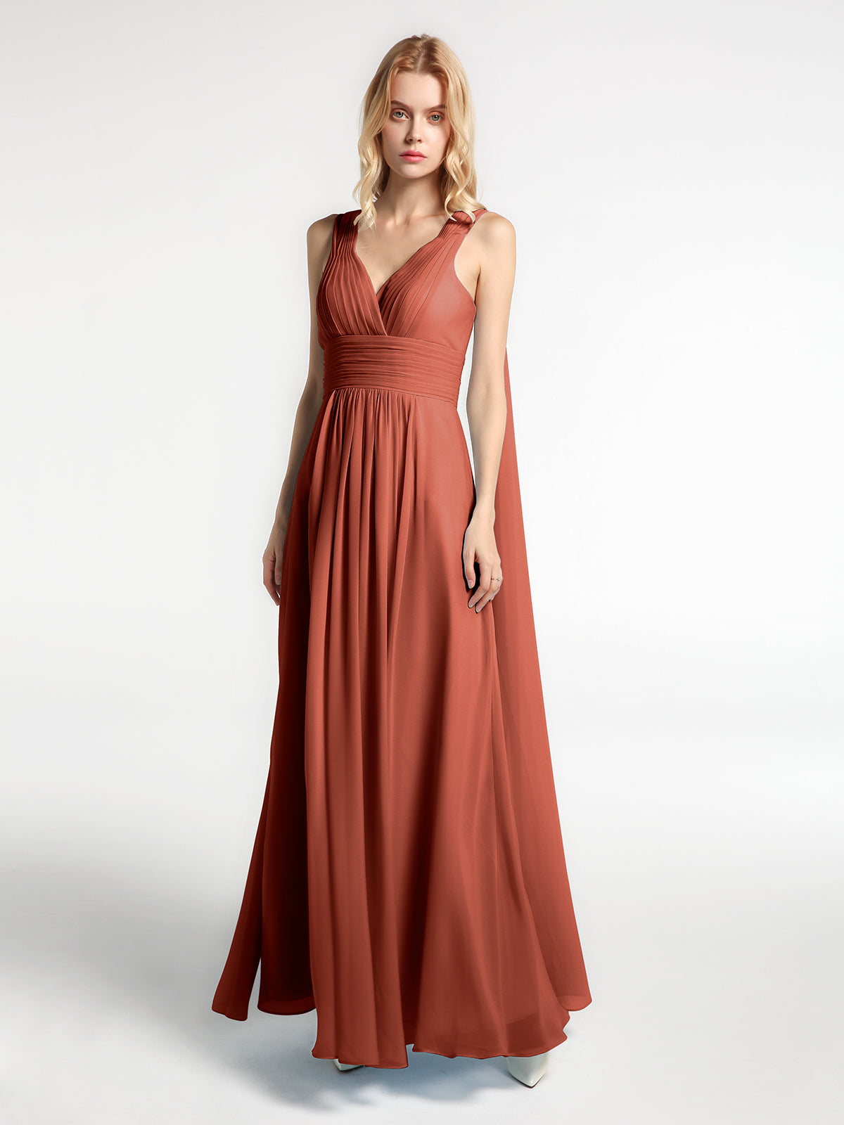 V-neck Chiffon Gown with Streamer at Back Strap-Rust