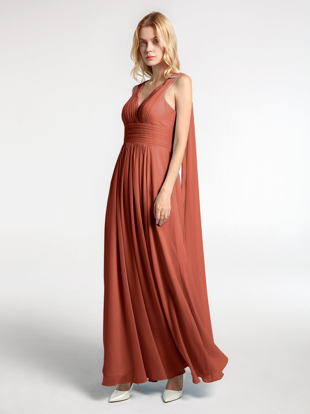 V-neck Chiffon Gown with Streamer at Back Strap-Rust