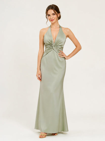 Halter Neck Satin Gown with Twisted Knot Waist Detail Dusty Sage