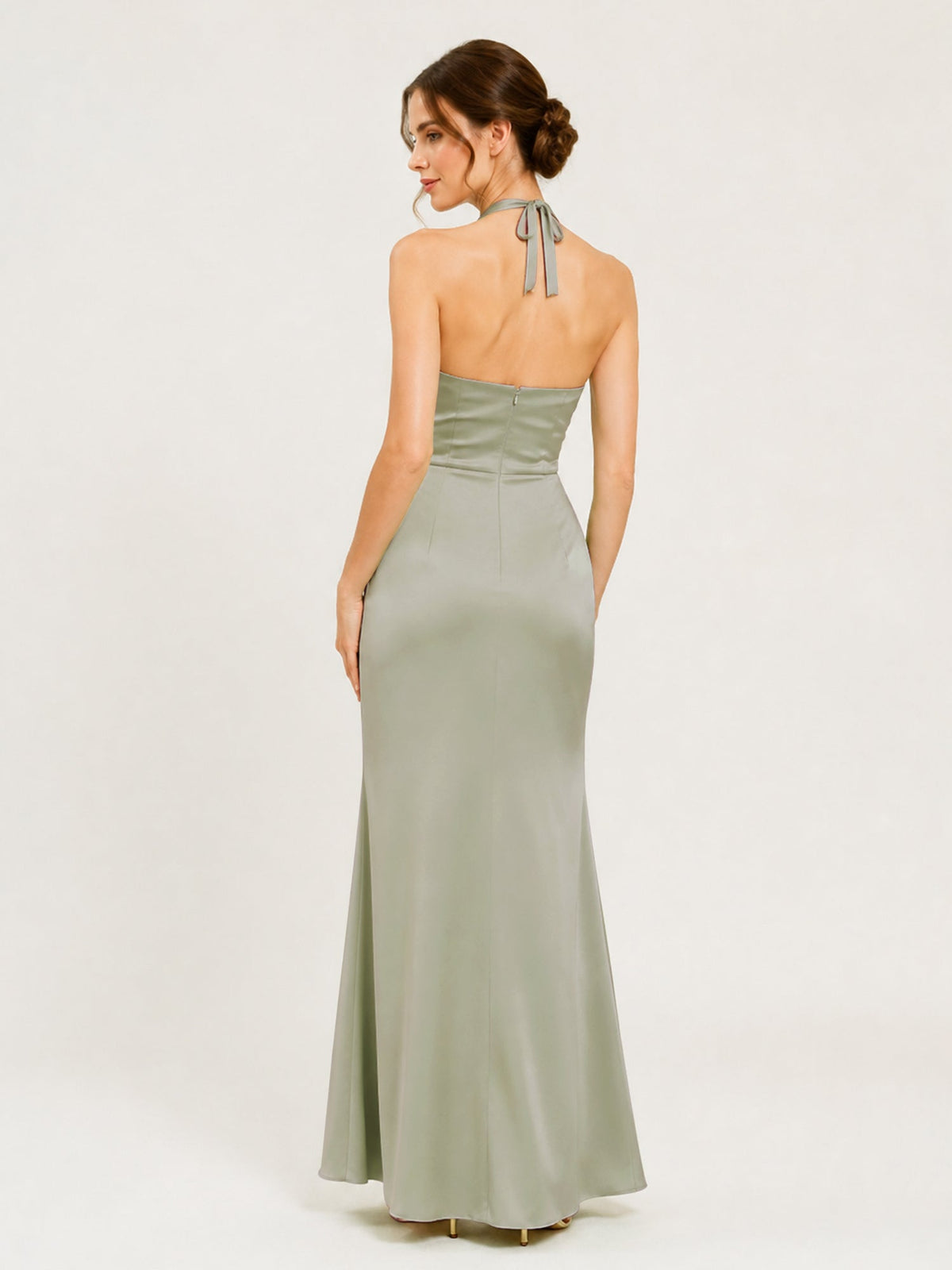 Halter Neck Satin Gown with Twisted Knot Waist Detail Dusty Sage