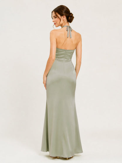 Halter Neck Satin Gown with Twisted Knot Waist Detail Dusty Sage