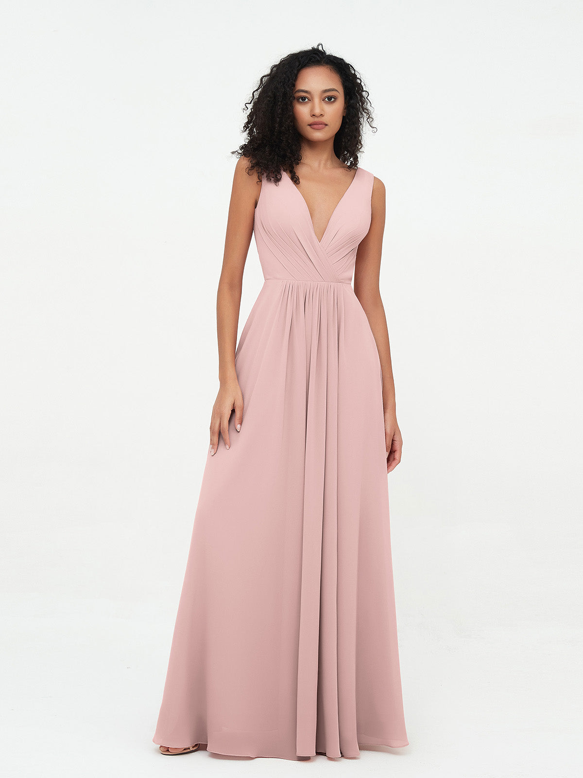 V-neck Chiffon Long Dresses with Pocktes-Dusty Rose